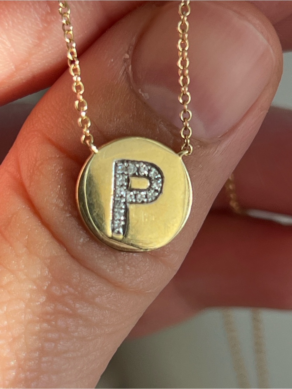 14k Good Initial 'P' Disc Necklace with Pavé Diamonds - Picture 5 of 10